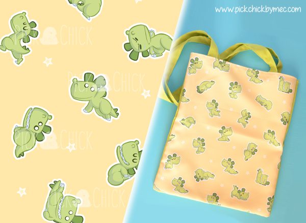 Totebag artesanal hecha a mano con estampado de dinosaurios y posturas de yoga