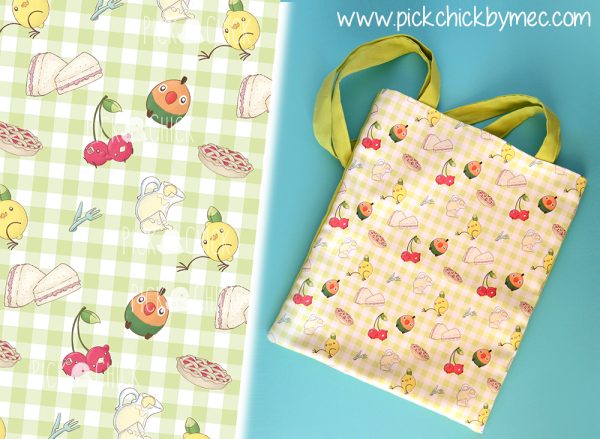 Totebag artesanal hecha a mano con estampado de pollofrutas picnic kawaii